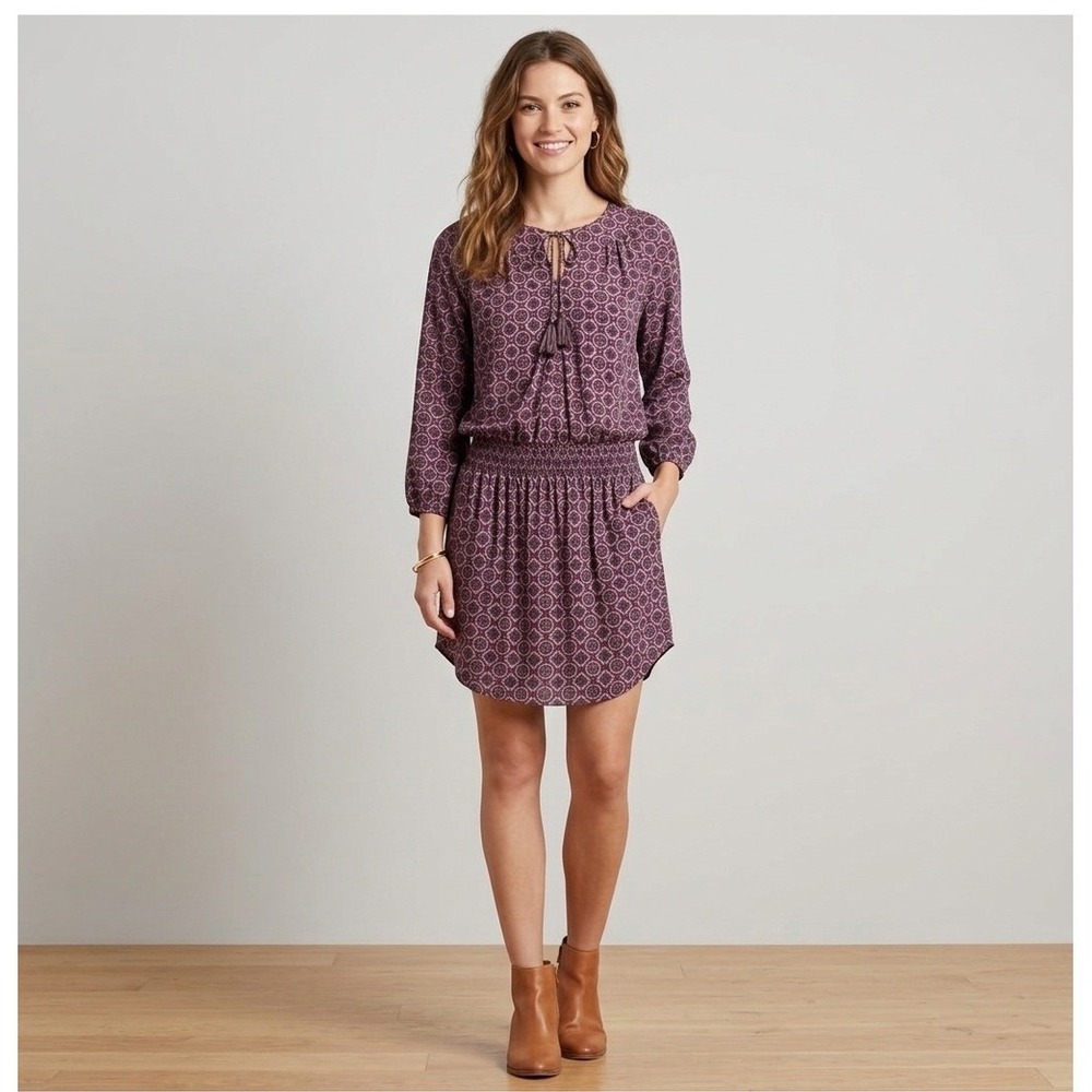 Joie Womens 100% Silk Blouson Mini Dress Size S Burgundy Blue Medallion Peasant